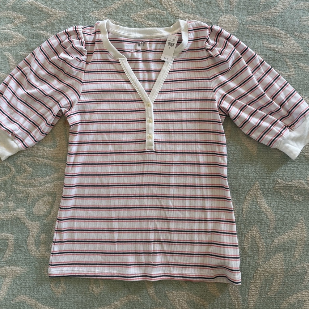Gap women’s striped rib Henley with puffed sleeves.